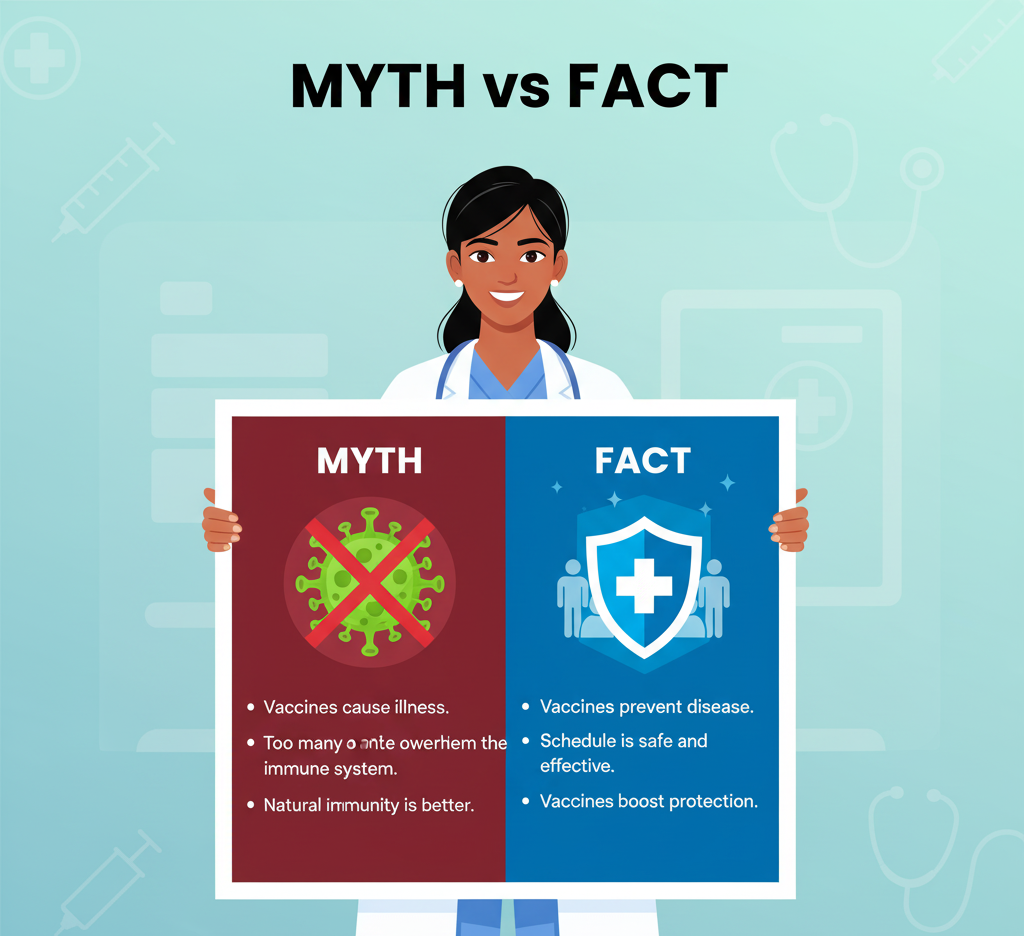 Doctor explaining myths and facts about adult immunization during awareness campaign.