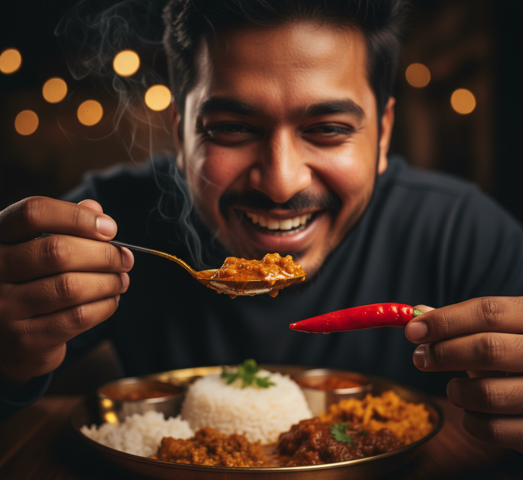 Person enjoying spicy food with tears in eyes, showing the thrill and burn of chili heat.