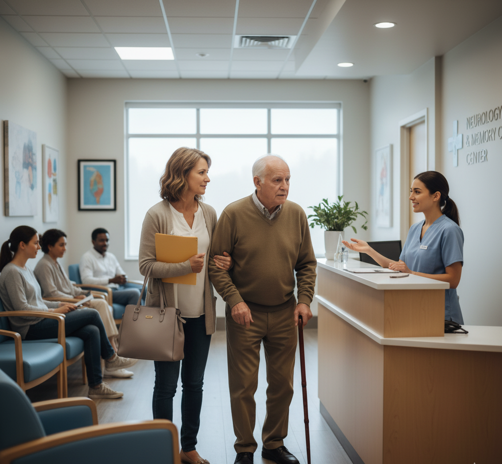 Family visiting neurologist for early Alzheimer’s screening and consultation.