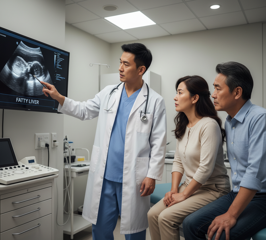 Doctor diagnosing fatty liver disease using ultrasound imaging