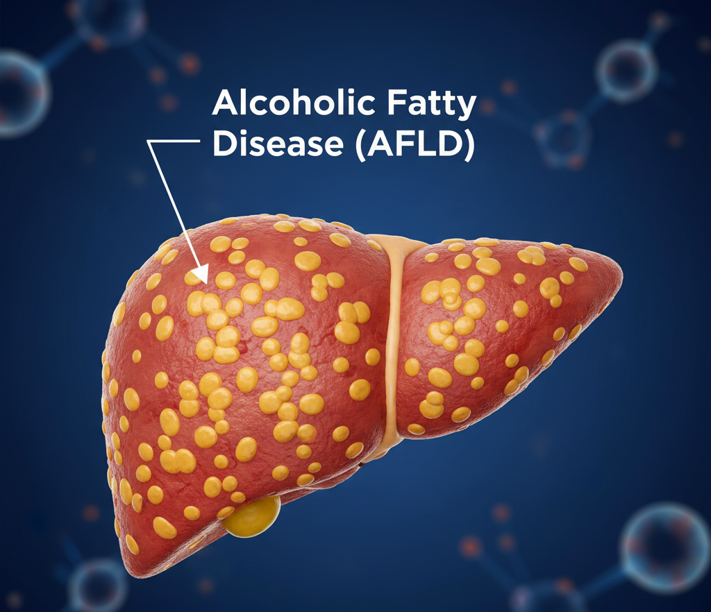 3D diagram showing fatty deposits inside the liver caused by alcoholic fatty liver disease.