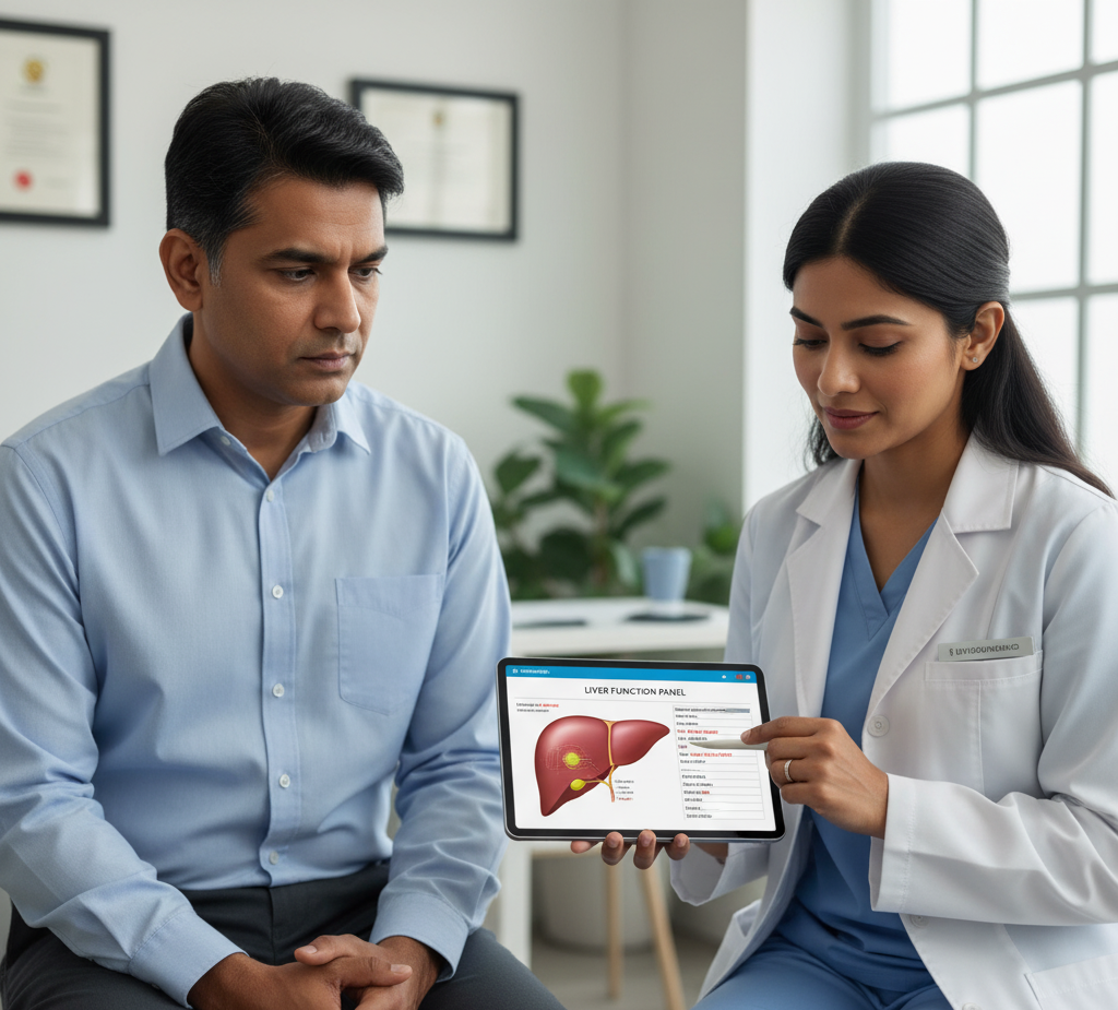 Patient visiting liver specialist for symptoms of alcoholic fatty liver disease