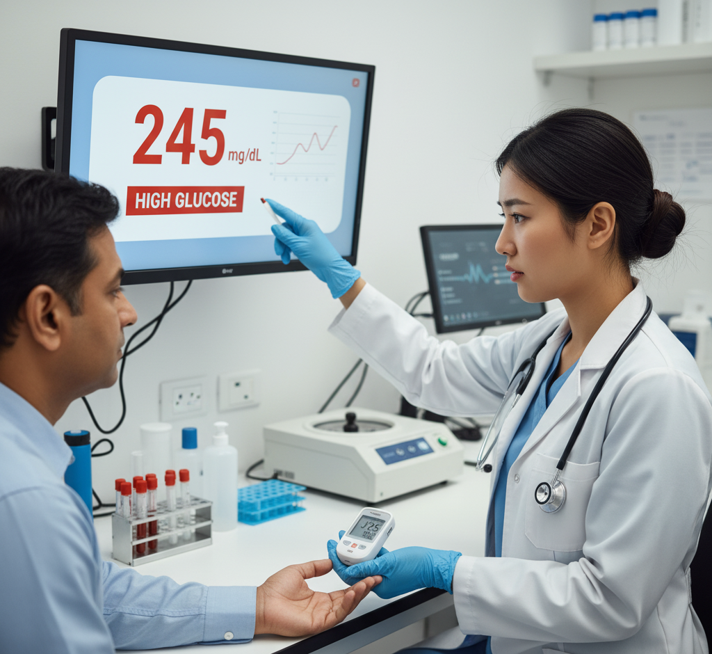 Doctor conducting blood sugar test for Type 2 diabetes diagnosis.