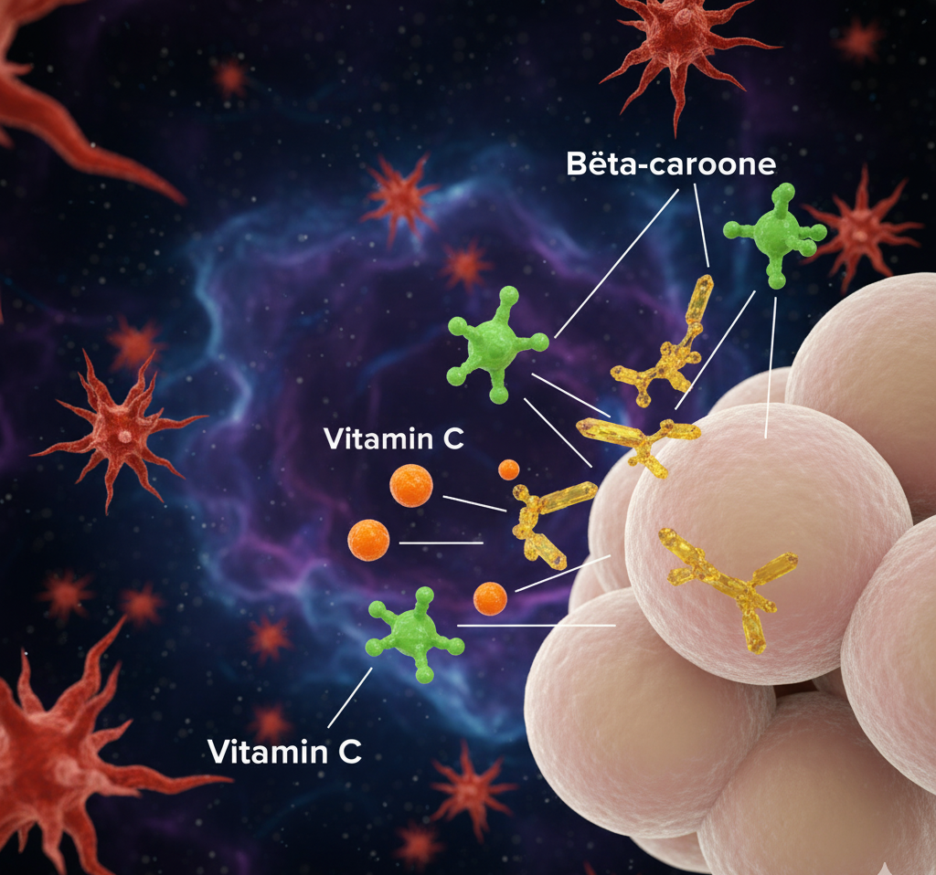 3D visualization showing antioxidants like Vitamin C and E protecting cells from free radicals