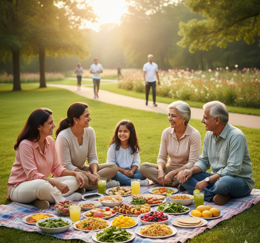 Family maintaining antioxidant-rich lifestyle through healthy eating and exercise