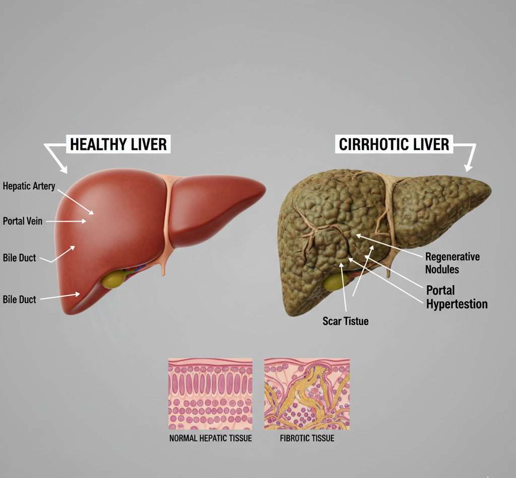 Comparison of healthy liver and cirrhotic liver showing tissue damage and scarring