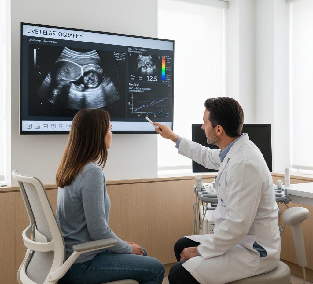 Doctor diagnosing cirrhosis using liver ultrasound and FibroScan images