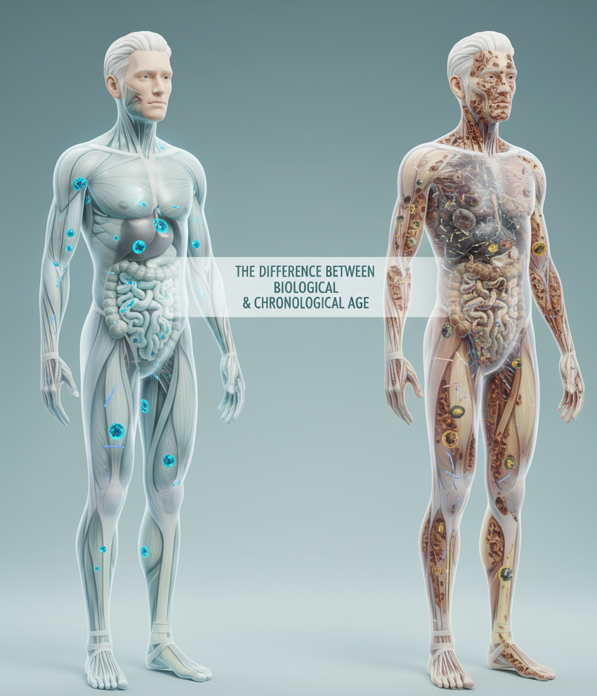 3D illustration showing cellular difference between young and aged bodies at the same chronological age