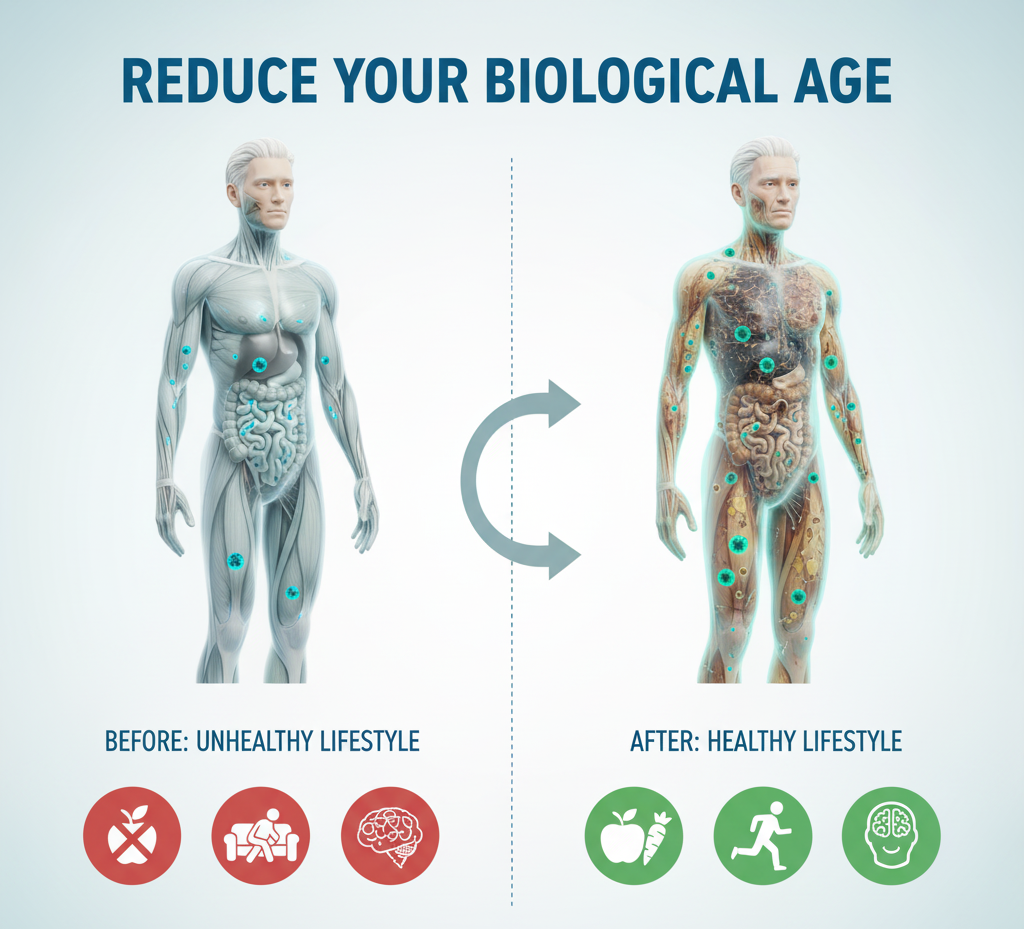 Infographic showing improvement in biological age through lifestyle changes