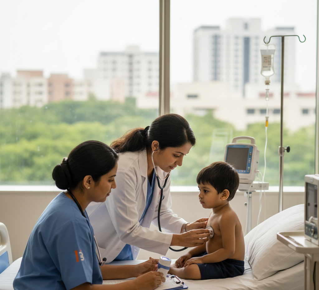 Paediatrician diagnosing child for pneumonia in Bengaluru hospital.