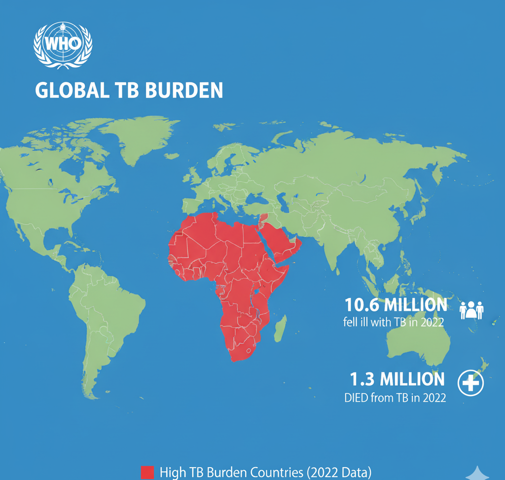 World map highlighting countries with high tuberculosis burden in 2025.