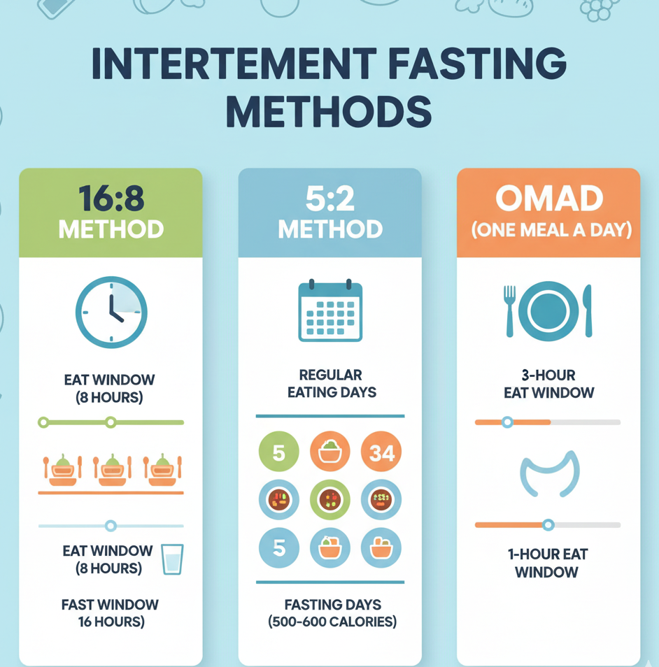 Infographic of popular intermittent fasting schedules and eating windows.