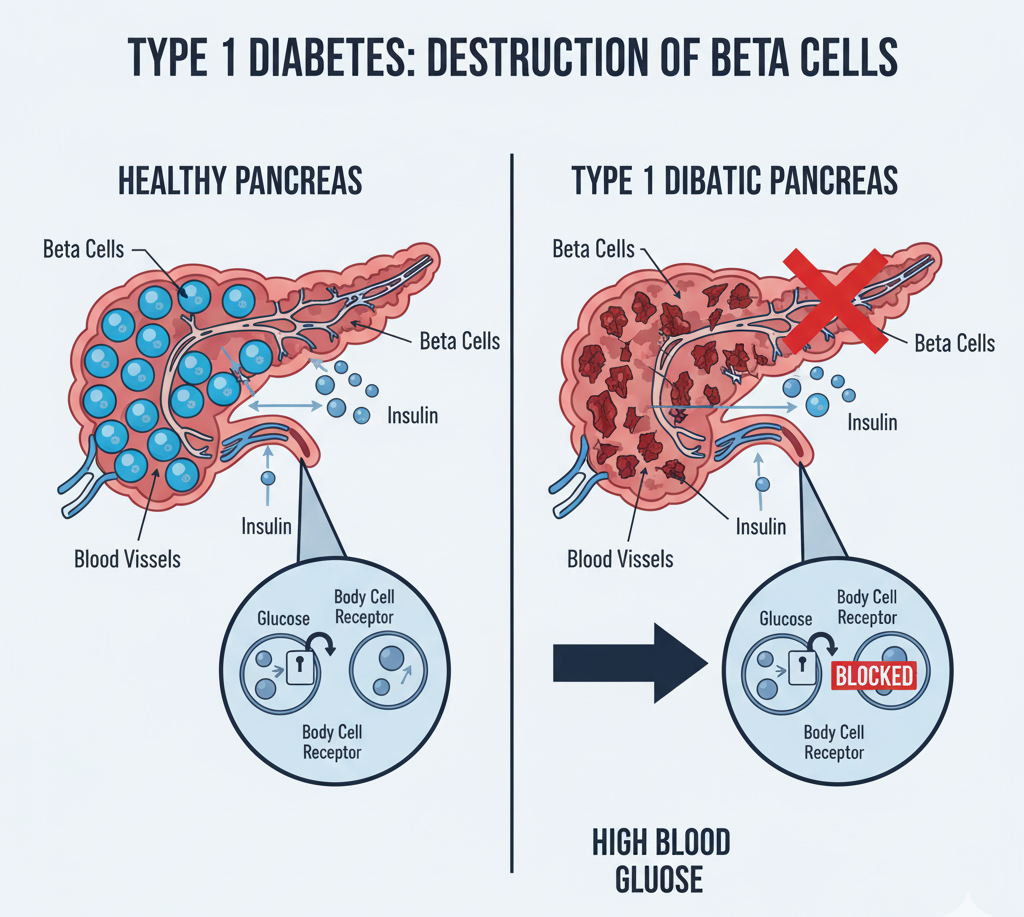 Diagram showing autoimmune destruction of insulin-producing pancreatic beta cells in Type 1 diabetes.