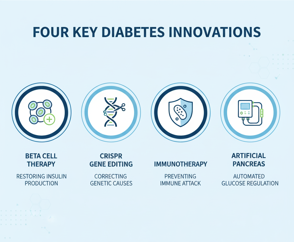 Infographic of new diabetes research approaches including gene editing and immunotherapy.