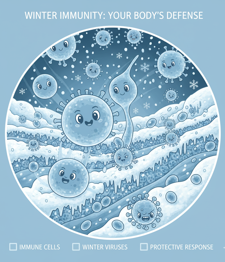 Visual showing human immune system defending against viruses during winter.