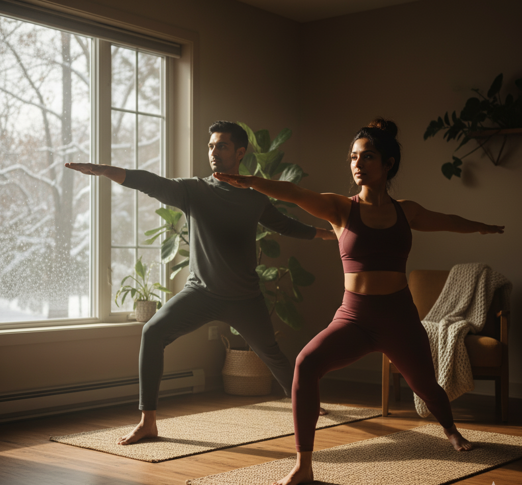People practising yoga indoors to stay active and boost immunity.