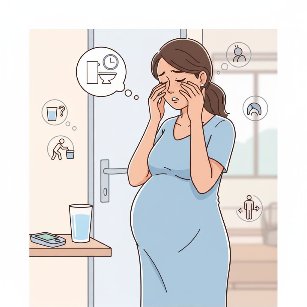 Pregnant woman with symptom icons—thirst, urination, fatigue—minimalist medical style.
