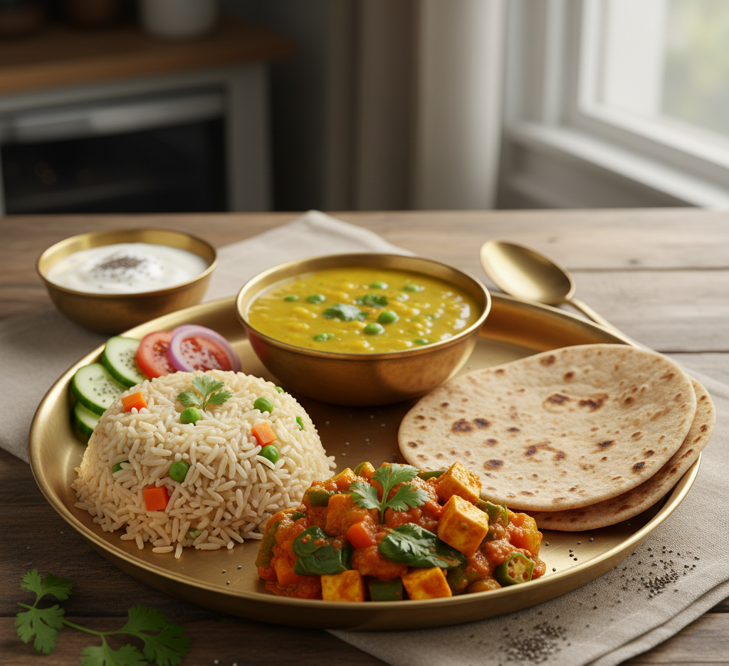 Indian gestational diabetes meal plate—brown rice, dal, vegetables, salad—bright overhead food photography