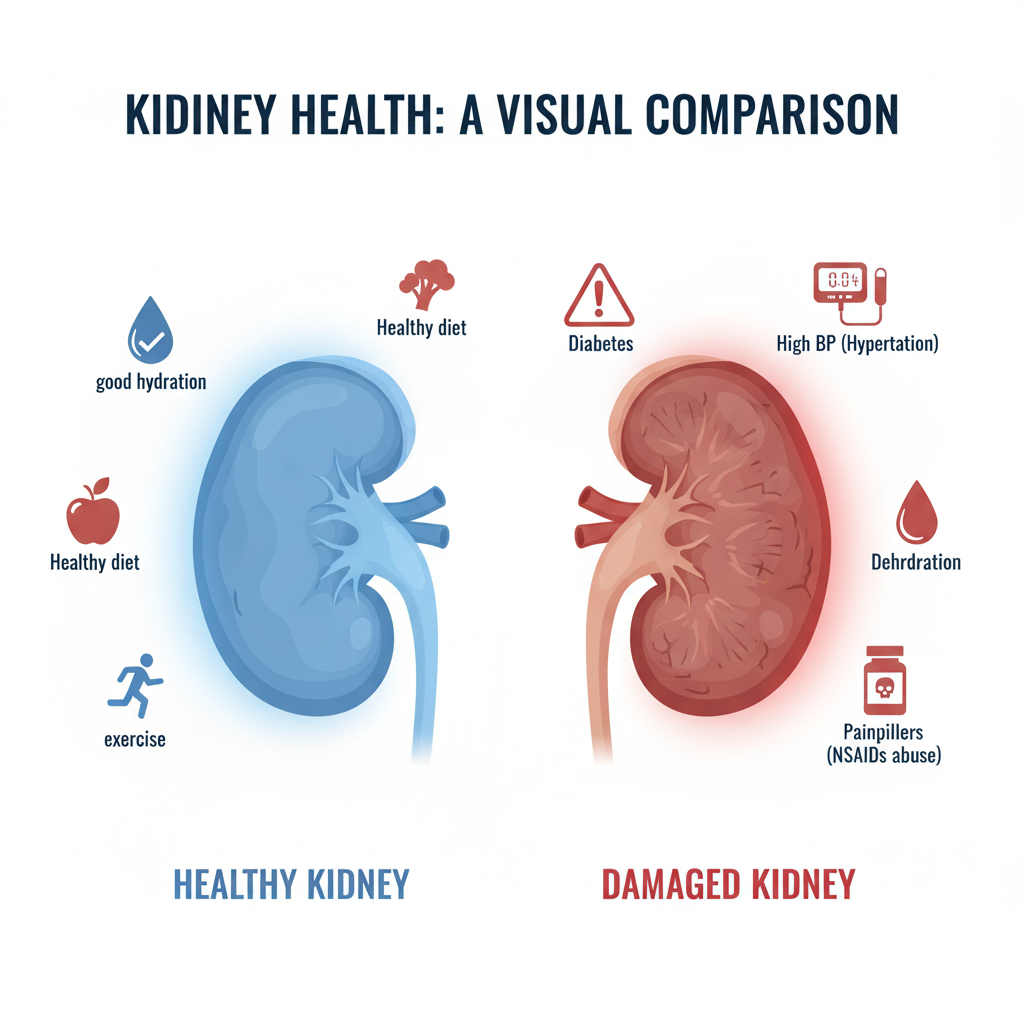 Healthy vs damaged kidneys showing risk factors