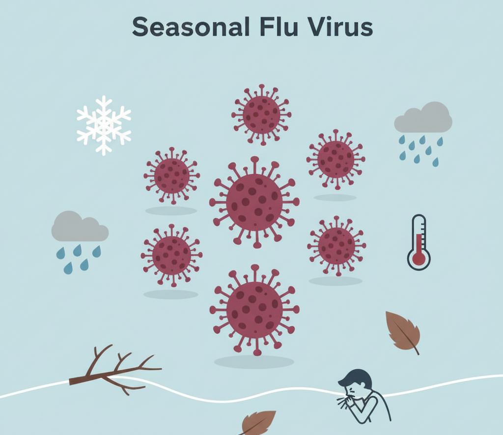 Seasonal flu explanation with weather and virus icons