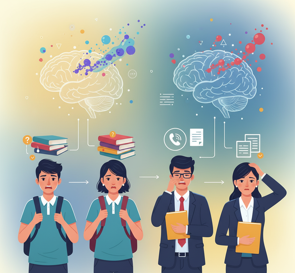 Indian students and professionals appearing stressed or tired, with brain icons highlighting the effect of hormones on learning.