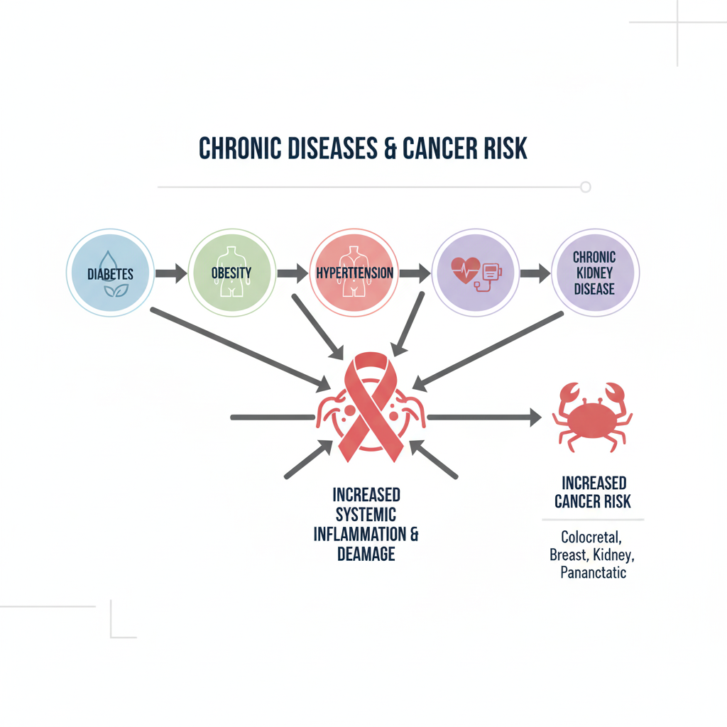 Diagram showing links between chronic diseases like diabetes, obesity, hypertension, and increased cancer risk