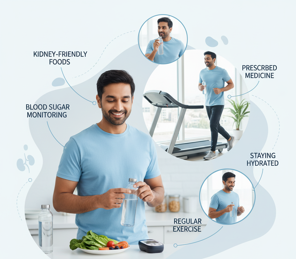 Person practicing kidney-friendly lifestyle with diet, hydration, and exercise