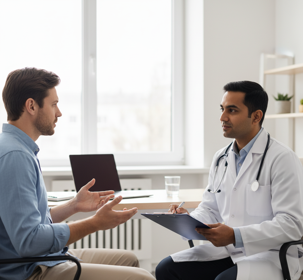 Patient consulting a doctor for persistent brain fog symptoms.