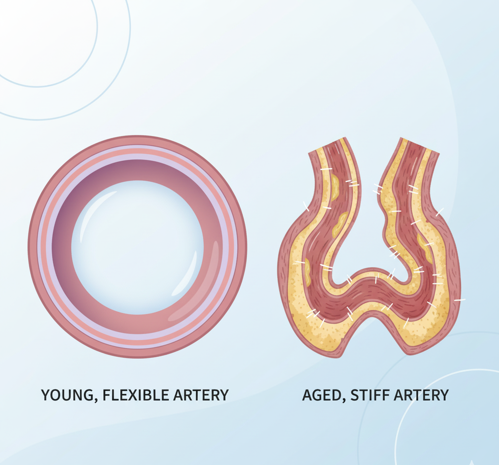 Graphic showing ageing arteries becoming stiffer compared to healthy young arteries.