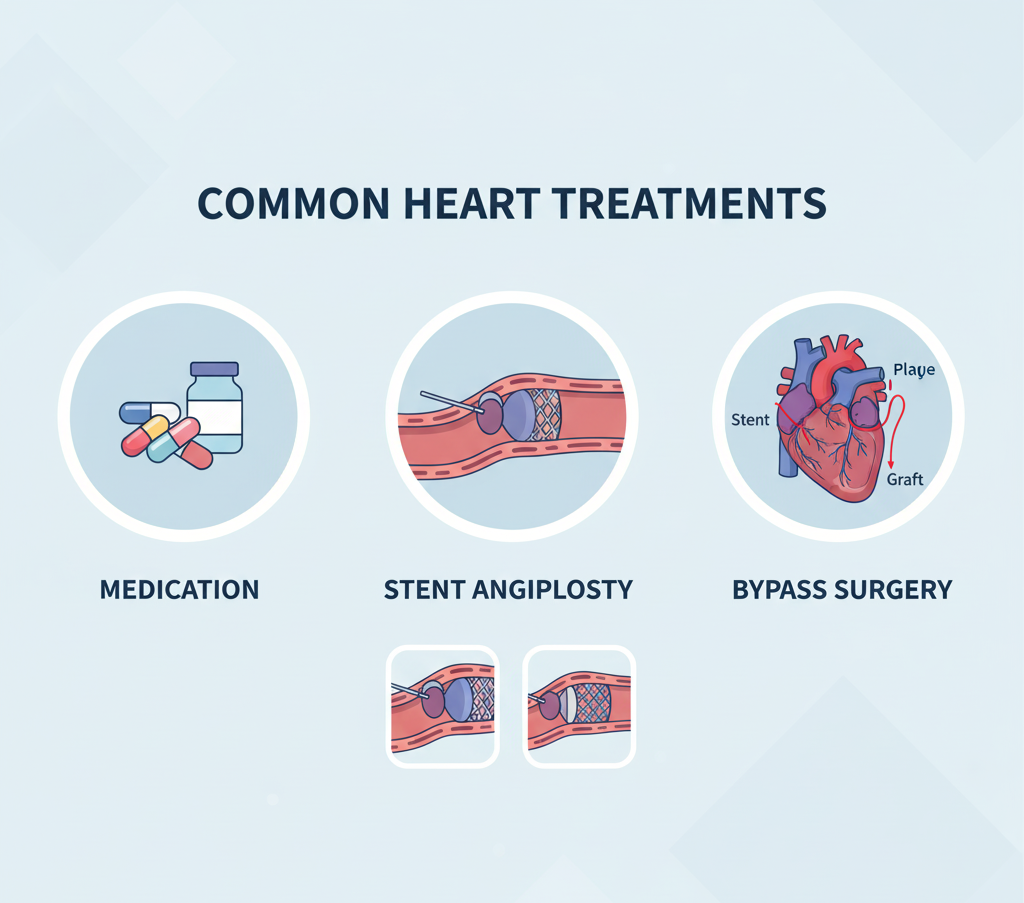 Illustration showing medicines, angioplasty stent, and bypass surgery diagram.