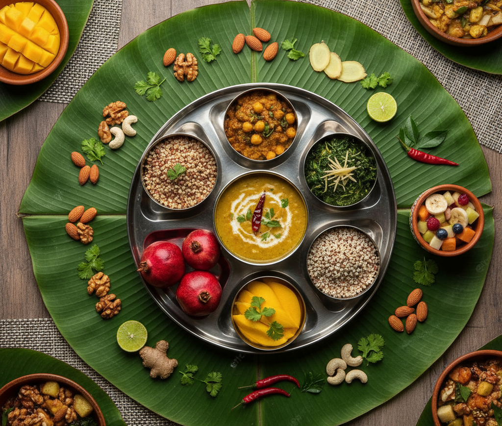 Indian plant-based foods like dal, vegetables, fruits, nuts, and grains displayed neatly on a table.