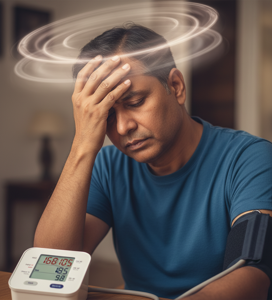 Person experiencing headache and dizziness due to high blood pressure.