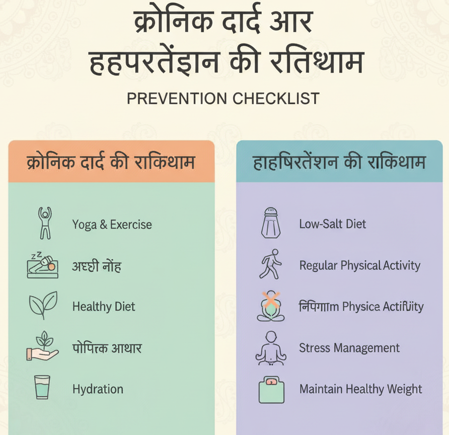 Checklist graphic showing prevention tips such as exercise, posture, stress control.