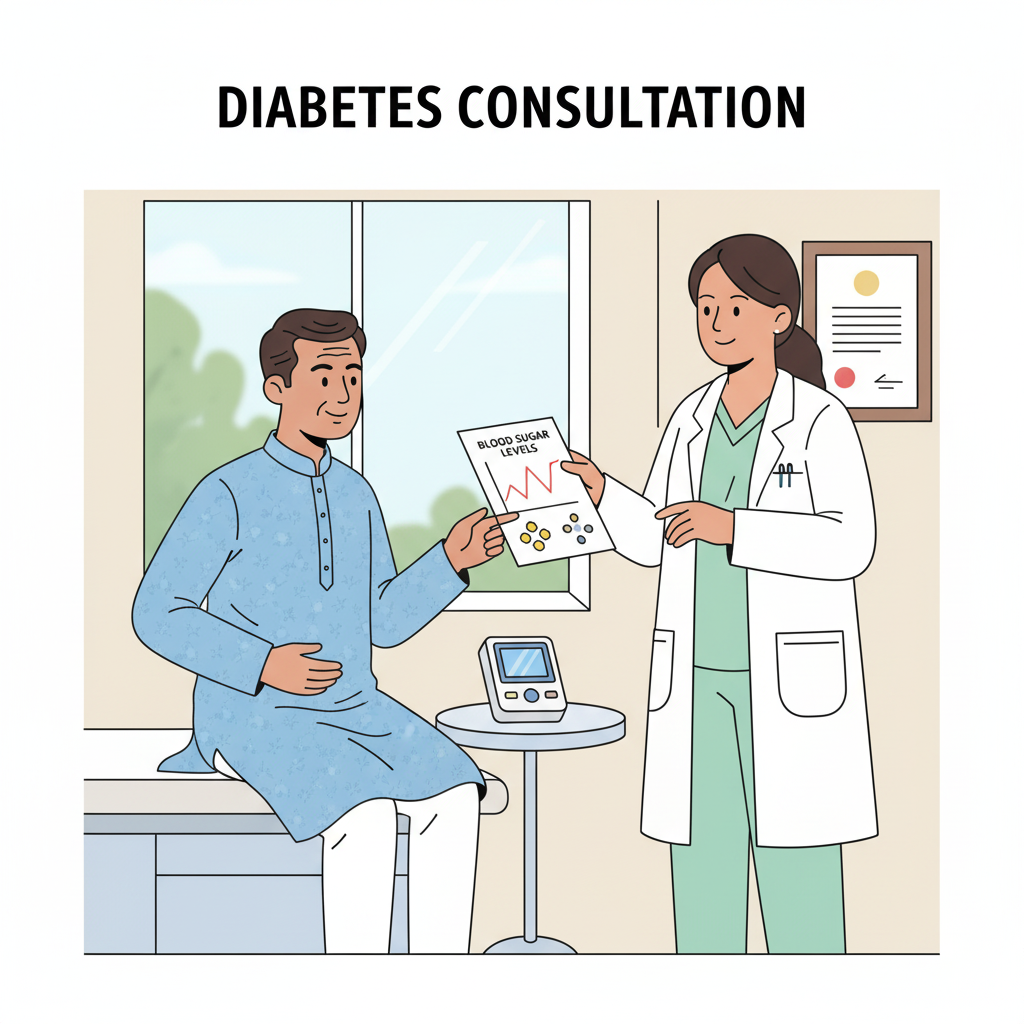 “An Indian patient speaking with a physician in a clinic about blood sugar issues; clean professional ambience.”