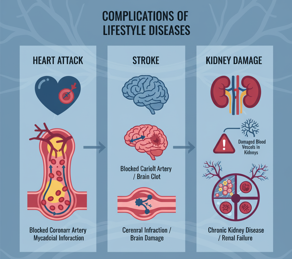 Complications of unmanaged lifestyle diseases such as heart attack and stroke