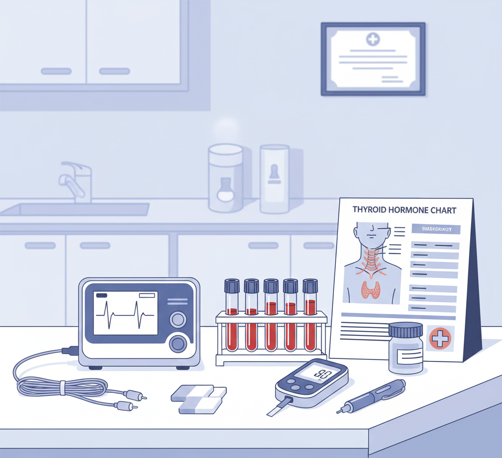 Common diagnostic tests like blood sugar, lipid profile, thyroid test, and ECG.