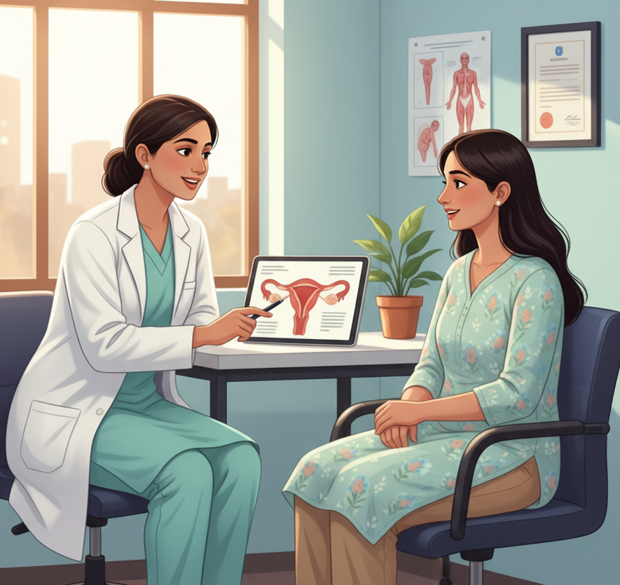 Indian woman consulting a doctor regarding symptoms or reproductive health concerns.