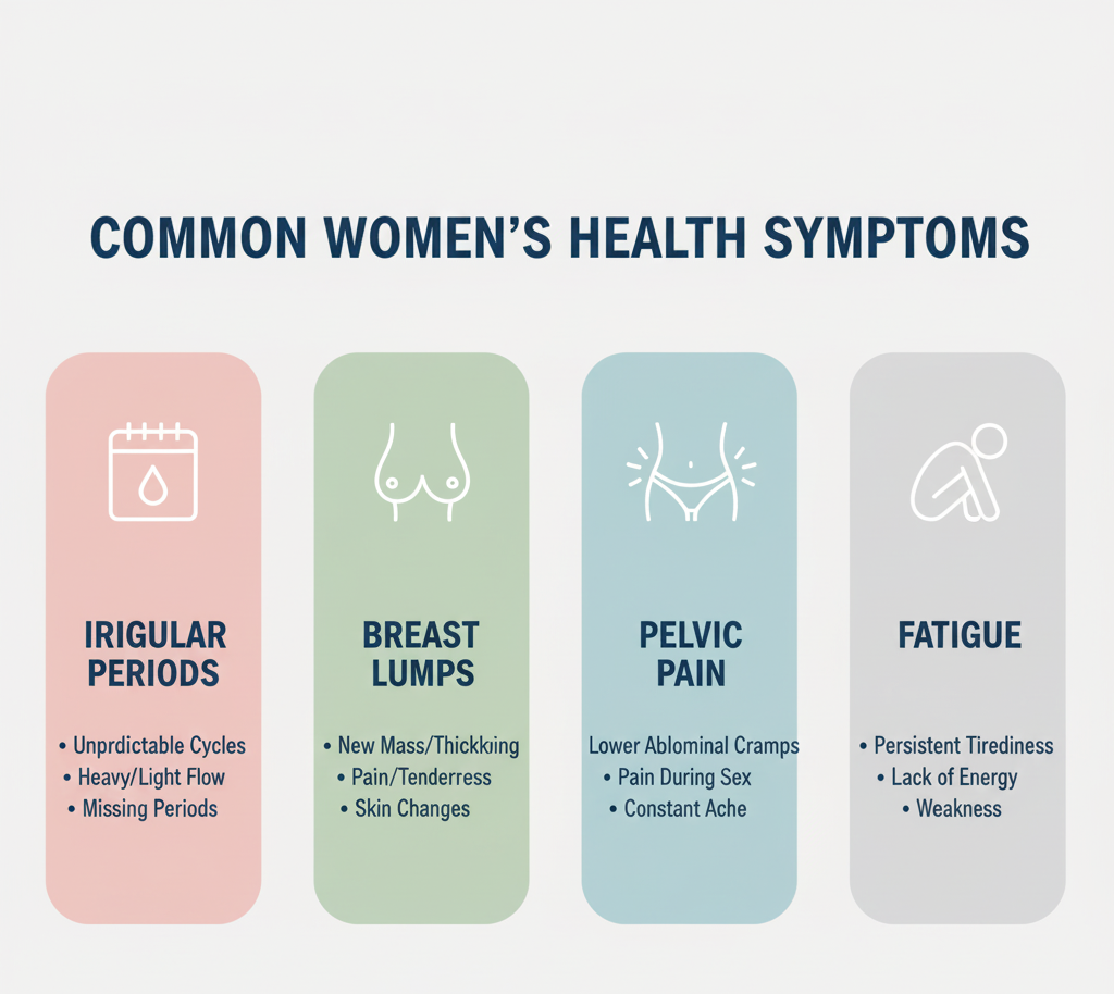 List-style visual showing symptoms such as irregular periods, breast lumps, pelvic pain, fatigue.