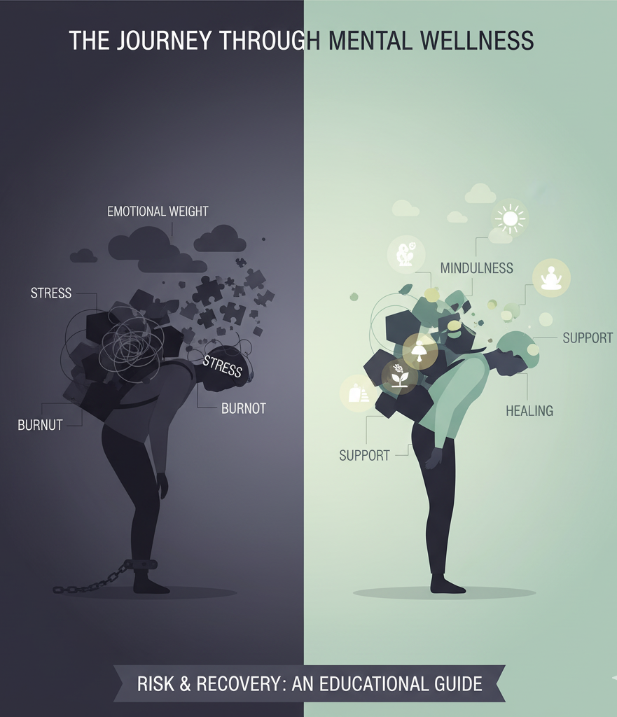 Graphic showing consequences of untreated mental health issues such as stress, burnout, and poor well-being.