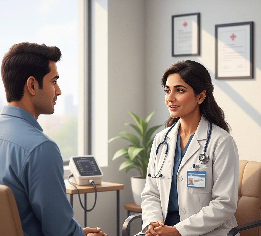 Doctor evaluating a patient for mental health symptoms in a clinical setting.