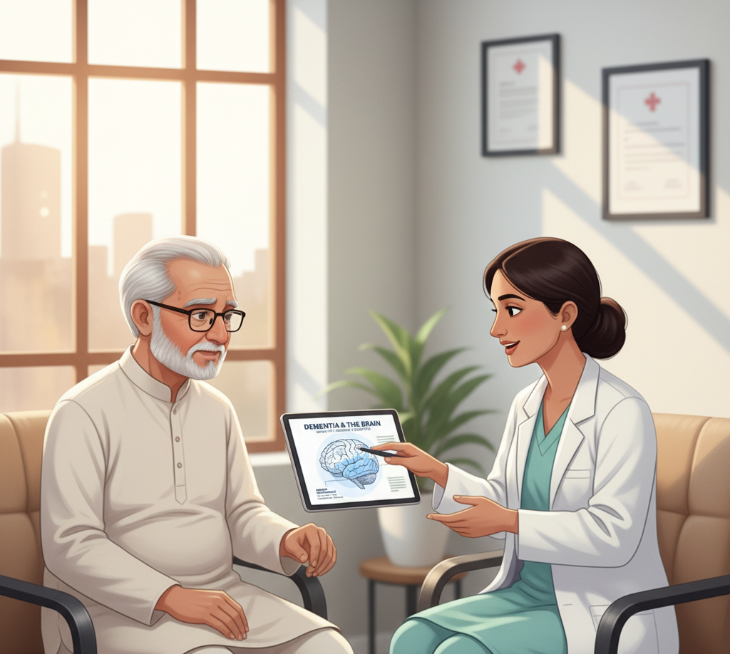 Elderly person consulting a neurologist for dementia symptoms