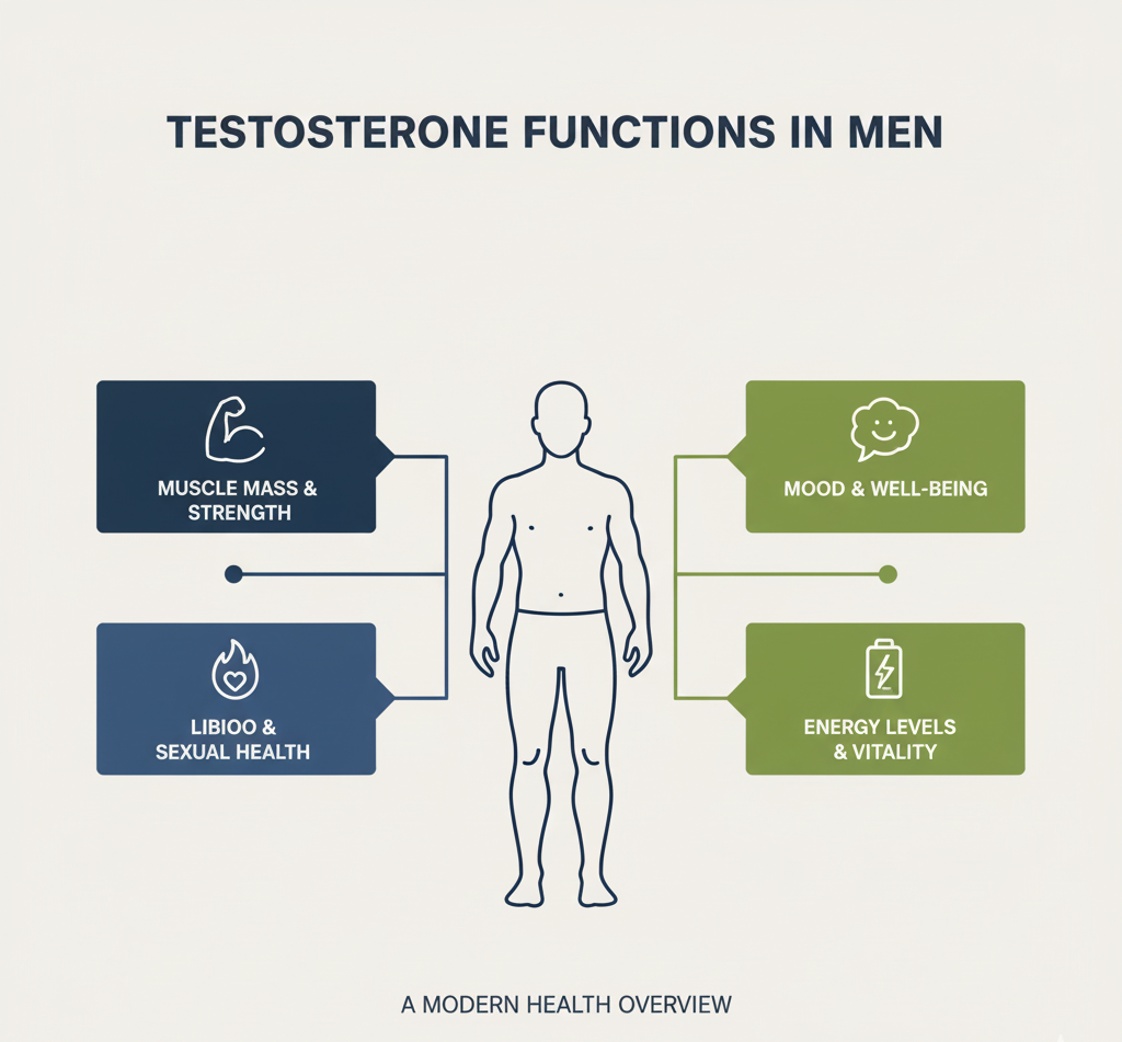 Medical illustration of testosterone functions in men, highlighting fitness, strength, libido, and mood.