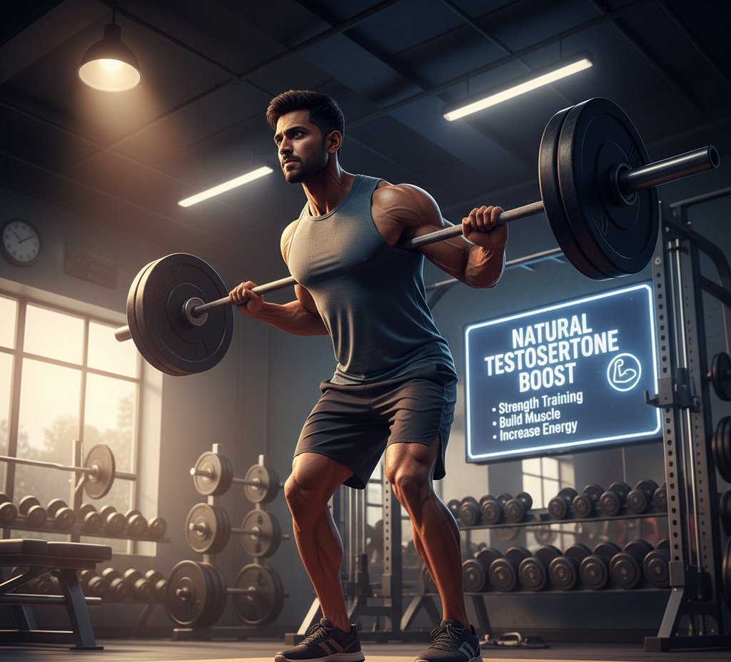 Indian man performing strength training exercises to naturally boost testosterone.