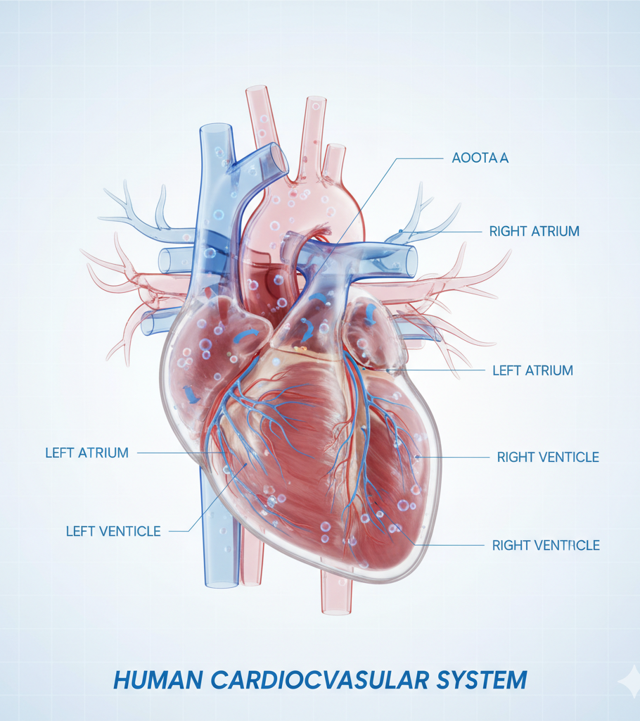 “Medical-style 3D illustration of a human heart with clear arteries and blood flow, clean background, educational theme.”