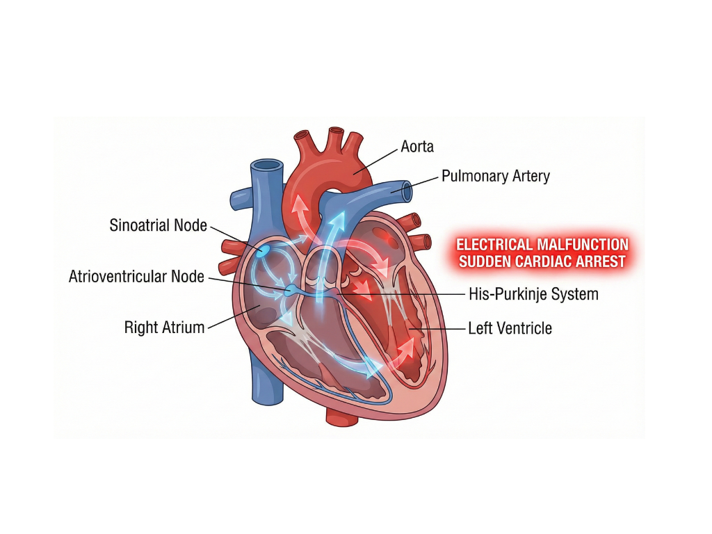 Diagram of heart showing sudden cardiac arrest due to electrical failure.