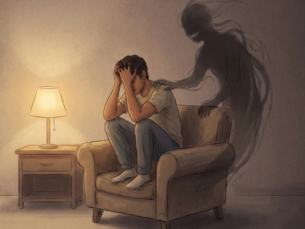 Person with swirling thoughts around their head, showing worry and restlessness.