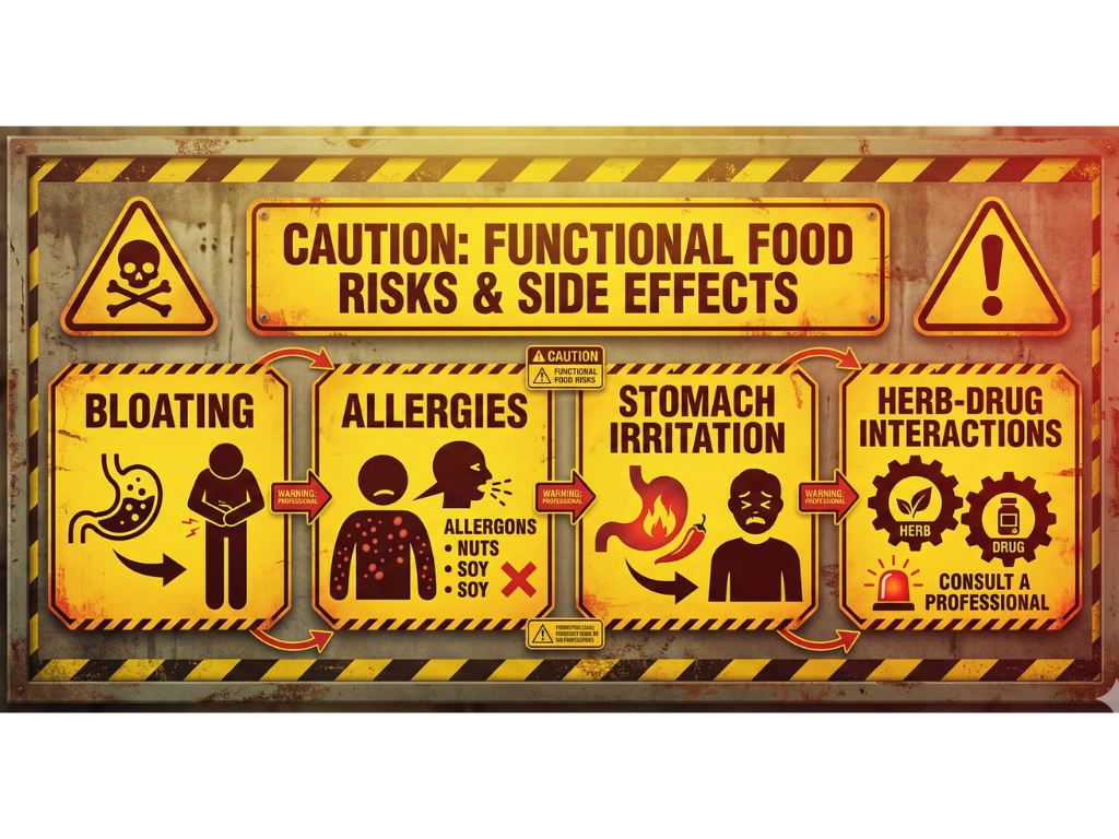 Warning icons indicating allergies, gas, irritation, or herb interactions.