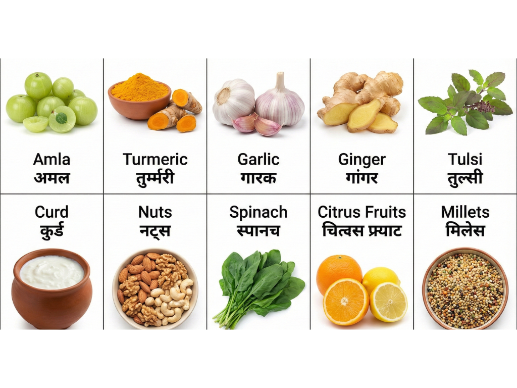 Ten Indian immunity-boosting foods like amla, haldi, garlic, ginger, tulsi, curd, nuts, greens, citrus fruits, and millets.