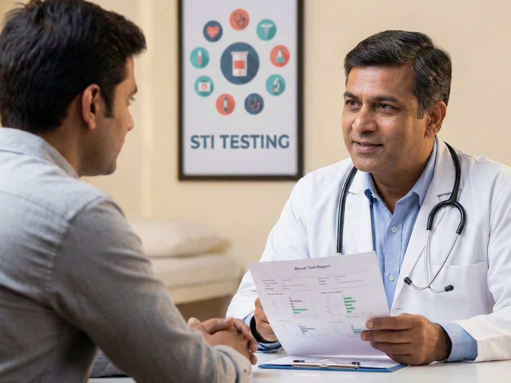 Doctor consulting a male patient and reviewing reports related to sexual health