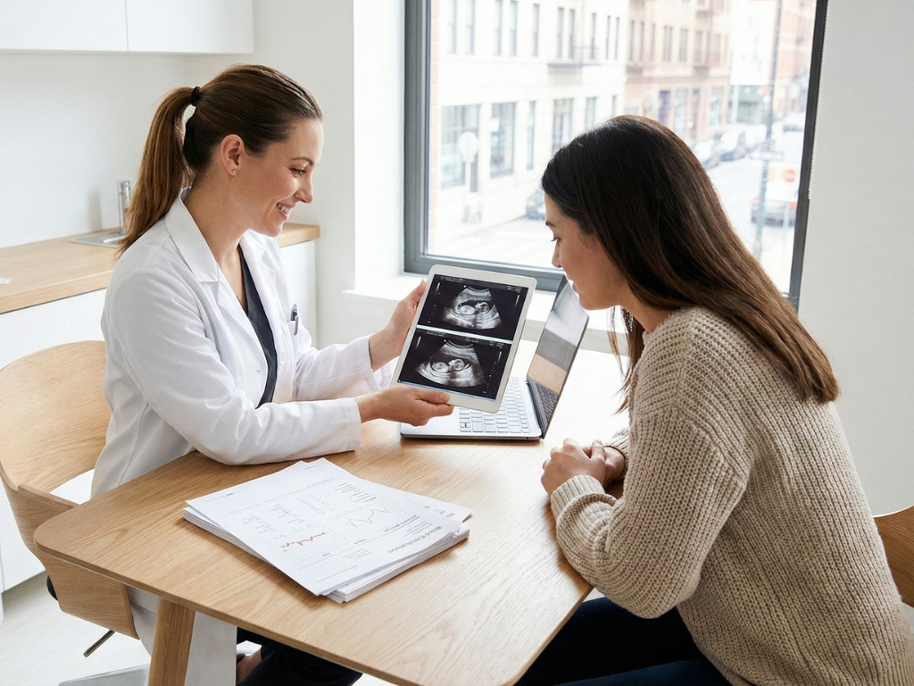 Doctor performing ultrasound and reviewing blood test reports for PCOS.